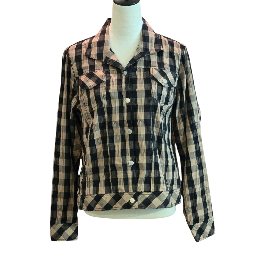 Foxcroft Crinkled Jacket Black & Tan Buffalo Plaid Adjustable Hem Snaps Women 12
